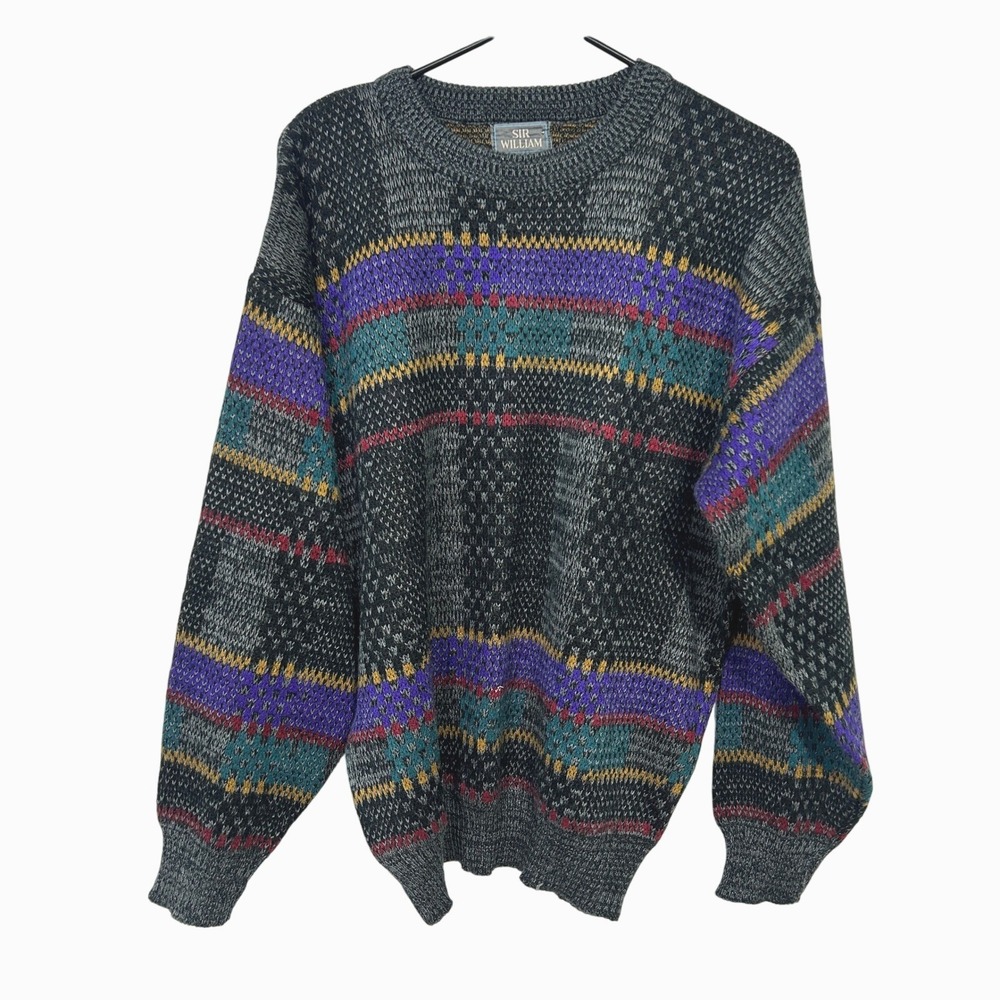 VTG 90s Multicolor Striped Knit Sweater Mens‎ L Crewneck Retro Grandpa Pullover